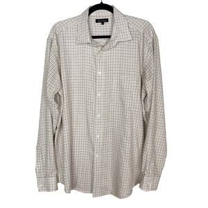 James Pringle Mens Large Cream Yellow Plaid Flannel Dress Shirt Cotton Blend